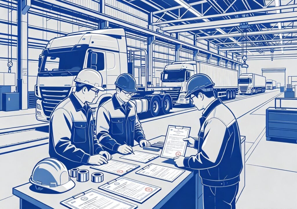 Factory inspectors check CE approval documents for SINOTRUK heavy trucks and semi-trailers production