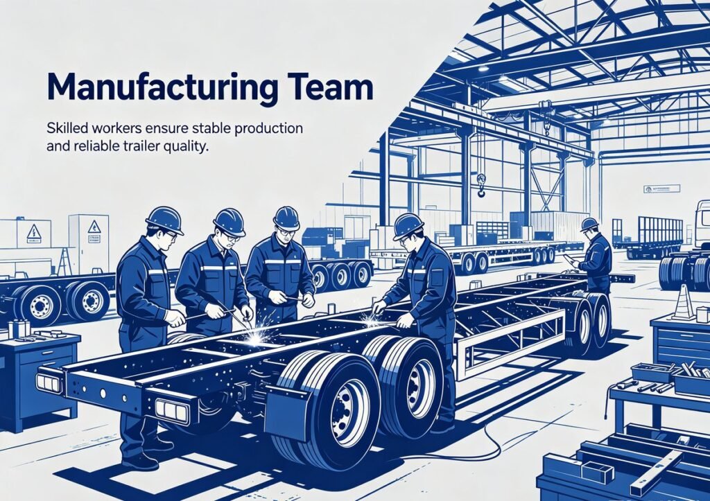 Factory manufacturing team assembling semi trailer chassis, heavy trailer production workshop for African mine transport