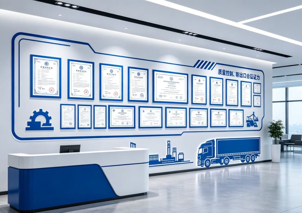 SGS audit certificates display wall, quality inspection certificates for mine trailer and heavy transport vehicle